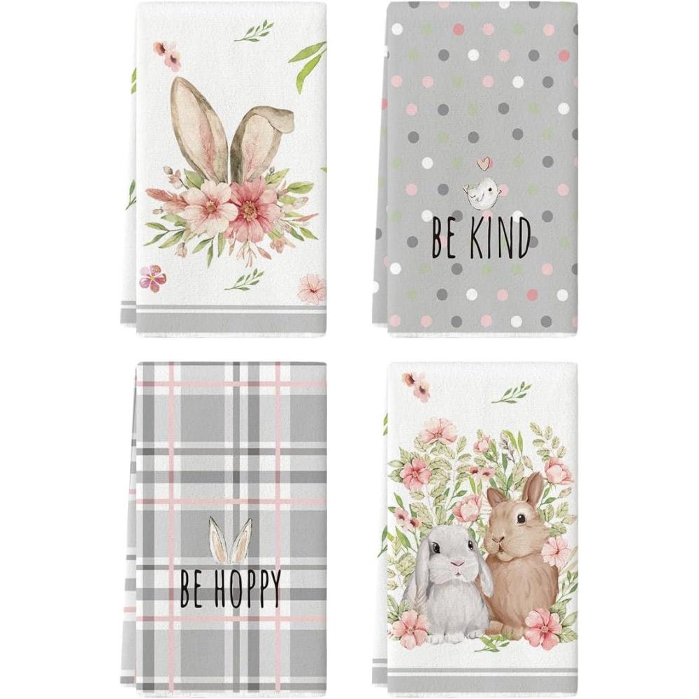 imageArtoid Mode Pink Bunny Rabbit Ears Floral Leaves Easter Kitchen Towels Dish Towels 18x26 Inch Be Kind Seasonal Decoration Hand Towels Set of 4Grey