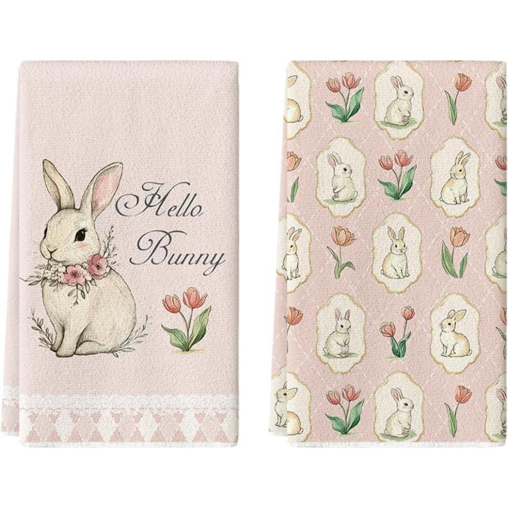 imageArtoid Mode Pink Tulips Hello Bunny Easter Kitchen Towels Dish Towels 18x26 Inch Spring Farmhouse Eucalyptus Decoration Hand Towels Set of 2