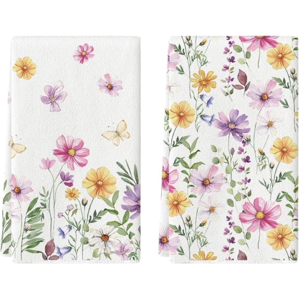 imageArtoid Mode Pink Yellow Flowers Spring Kitchen Towels Dish Towels 18x26 Inch Summer Leaves Holiday Decoration Hand Towels Set of 2