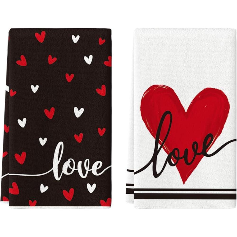 imageArtoid Mode Red Heart Love Kitchen Towels Dish Towels 18x26 Inch Anniversary Wedding Farmhouse Decoration Hand Towels Set of 2Black