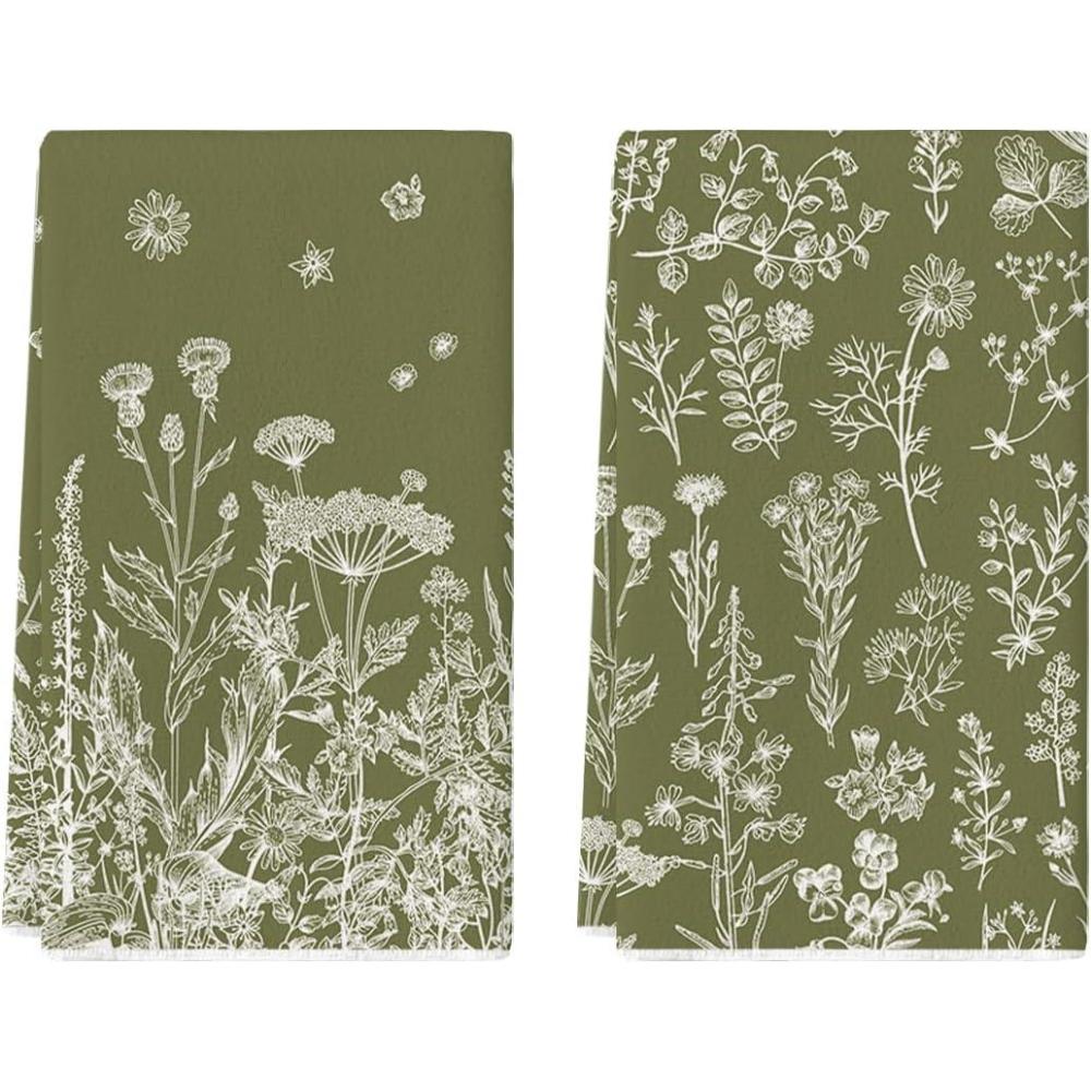 imageArtoid Mode Wildflower Floral Kitchen Towels Dish Towels 18x26 Inch Leaves Holiday Decoration Hand Towels Set of 2Green
