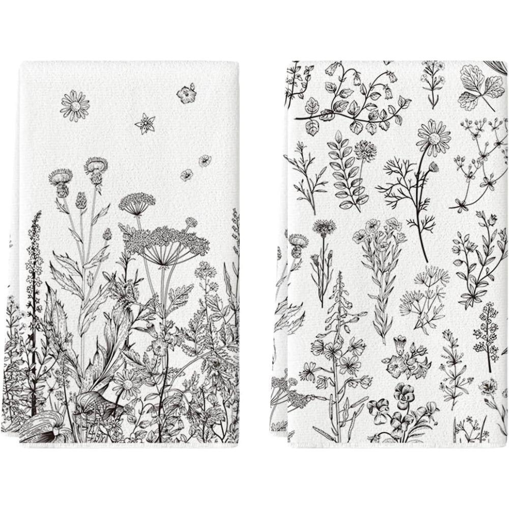 imageArtoid Mode Wildflower Floral Kitchen Towels Dish Towels 18x26 Inch Leaves Holiday Decoration Hand Towels Set of 2Grey