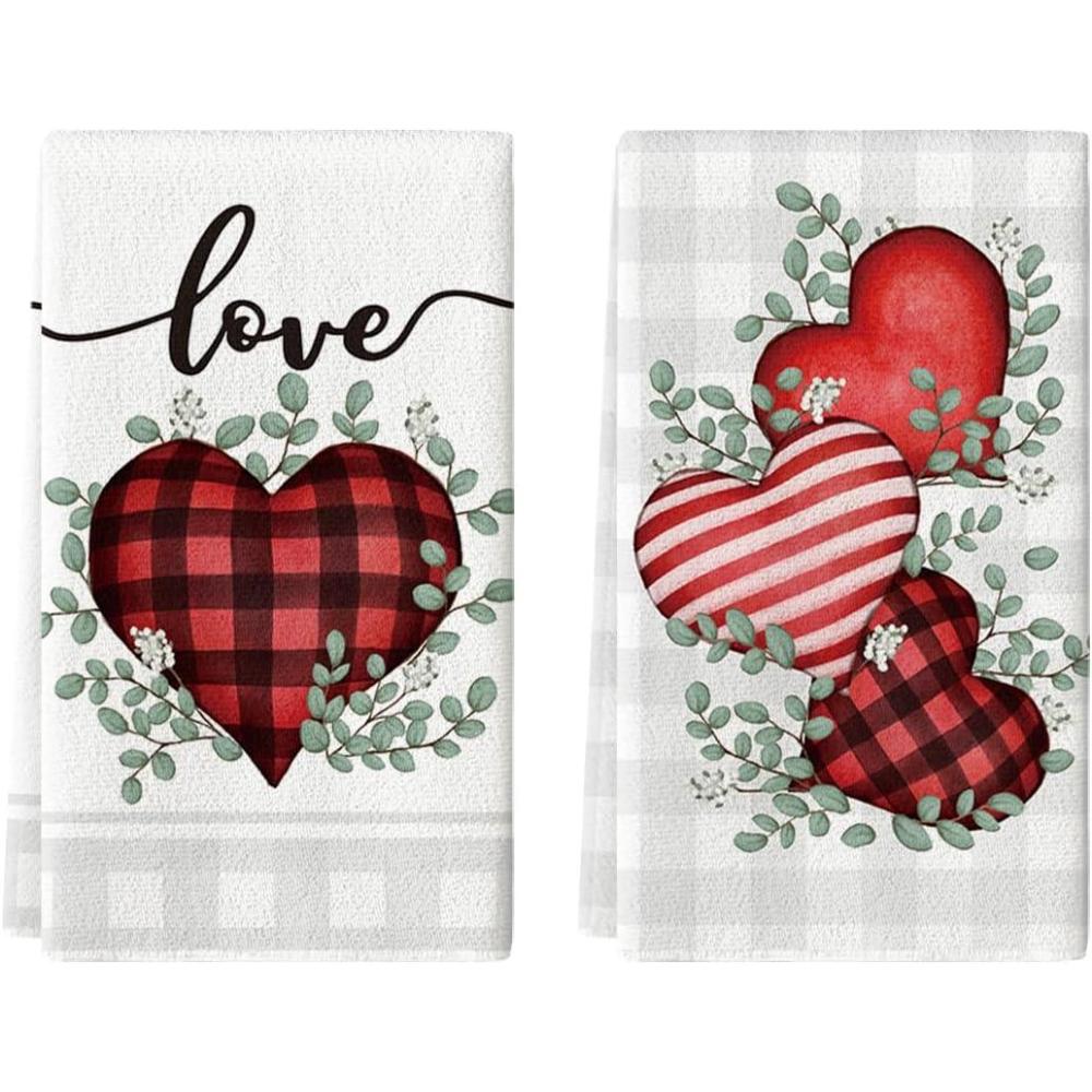 imageArtoid Mode Wood Heart Love Valentines Kitchen Towels Dish Towels 18x26 Inch Farmhouse Wedding Anniversary Decoration Hand Towels Set of 2Red