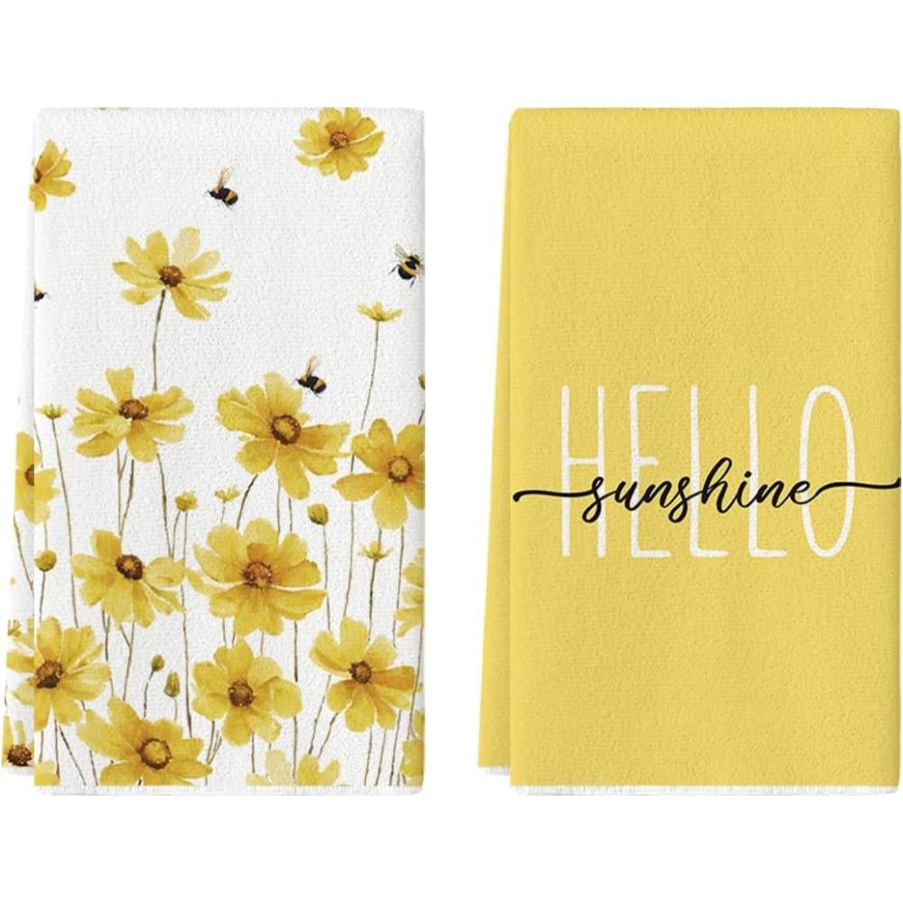 imageArtoid Mode Yellow Flowers Bee Hello Sunshine Spring Kitchen Towels Dish Towels 18x26 Inch Summer Holiday Decoration Hand Towels Set of 2Yellow