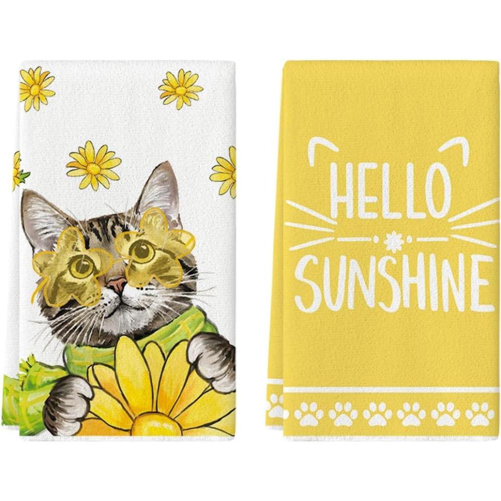 imageArtoid Mode Yellow Flowers Cat Hello Sunshine Kitchen Towels Dish Towels 18x26 Inch Spring Summer Holiday Decoration Hand Towels Set of 2