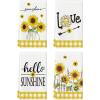 Artoid Mode Buffalo Plaid Hello Sunshine Sunflowers Love Summer Kitchen Towels Dish Towels, 18×26 Inch Farmhouse Decoration Hand Towels Set of 4(Yellow/White)