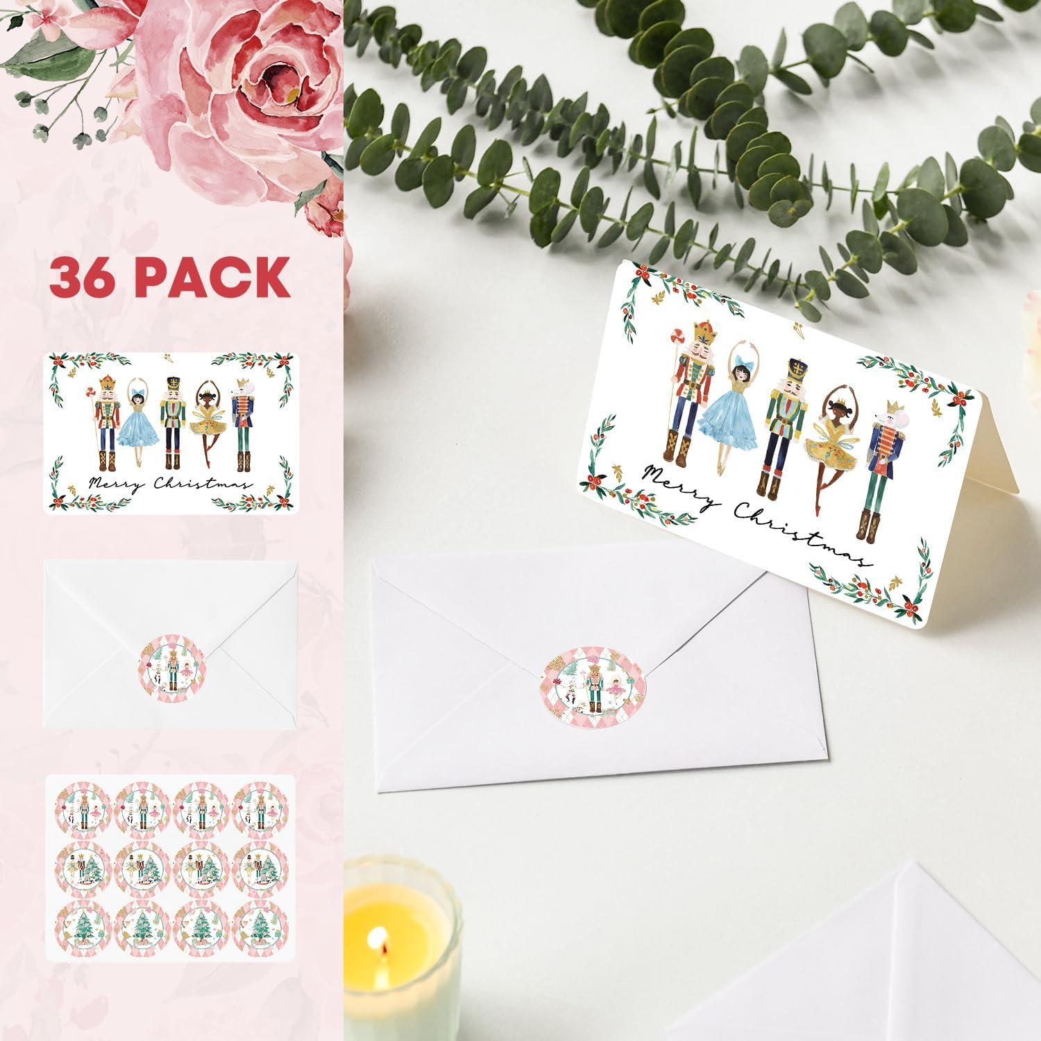 imageArtoid Mode 24 Pack Holly Nutcrackers Merry Christmas Thank You Cards Gift With Envelope Sticker Blank Note Greeting Cards 4 x 6 InchWhite