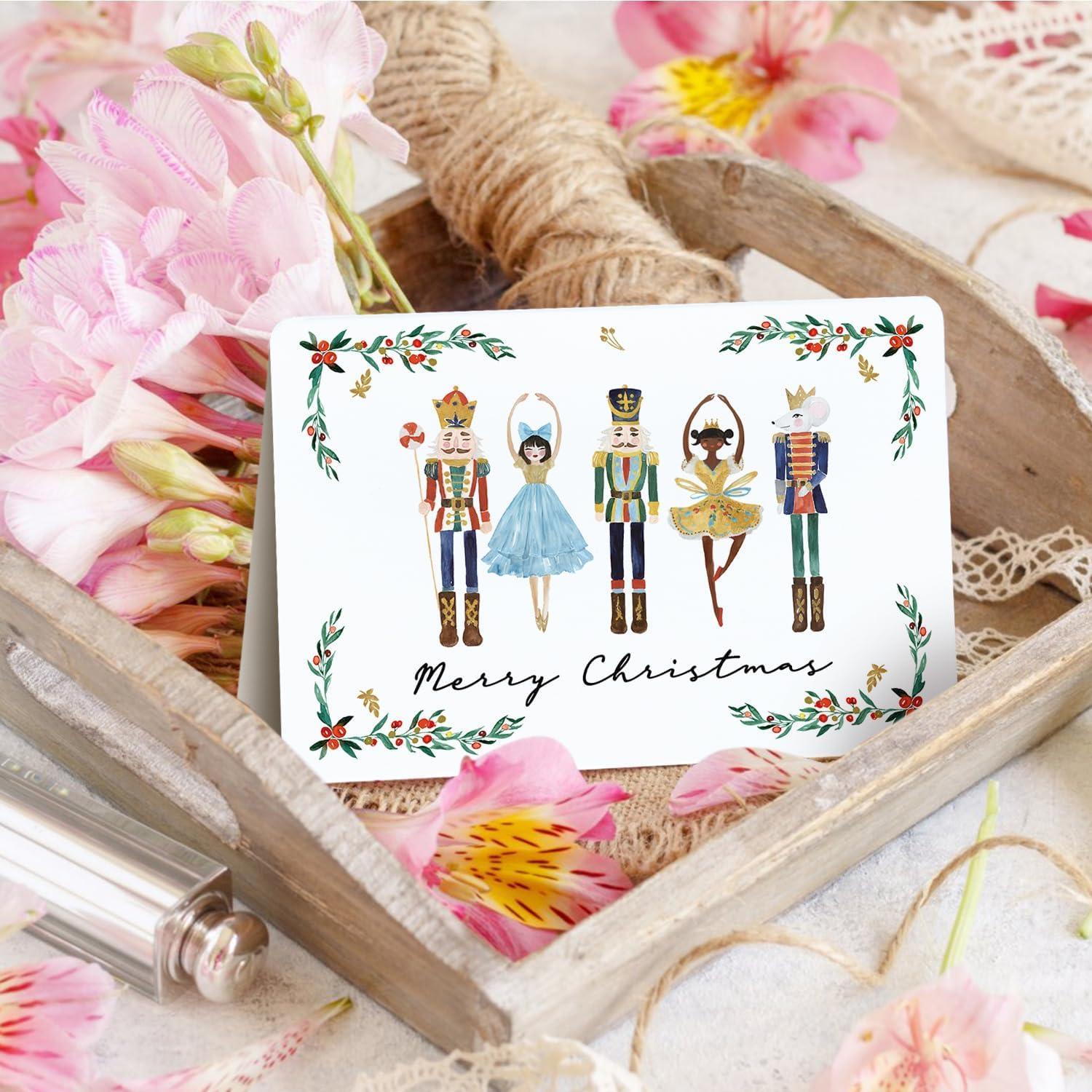 imageArtoid Mode 24 Pack Holly Nutcrackers Merry Christmas Thank You Cards Gift With Envelope Sticker Blank Note Greeting Cards 4 x 6 InchWhite