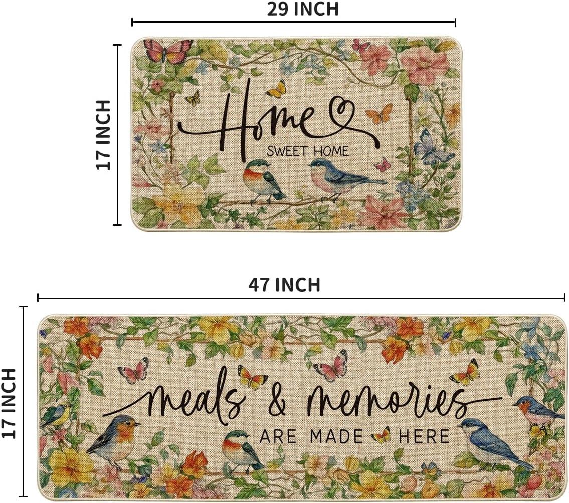 imageArtoid Mode Bird Flowers Butterfly Spring Kitchen Mats Set of 2 Summer Home Decor LowProfile Kitchen Rugs for Floor 17x29 and 17x47 Inch
