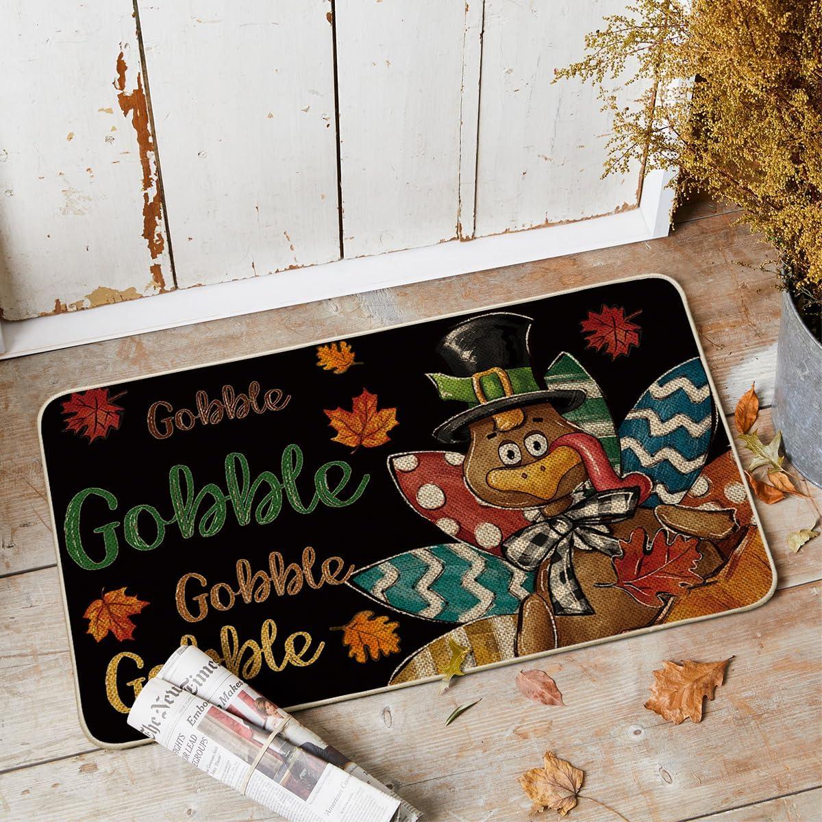 imageArtoid Mode Black Gobble Turkey Thanksgiving Doormat Thanksful Maple Leaves Home Decor LowProfile Switch Rug Door Mat Floor Mat for Indoor Outdoor 17x29 InchBlack