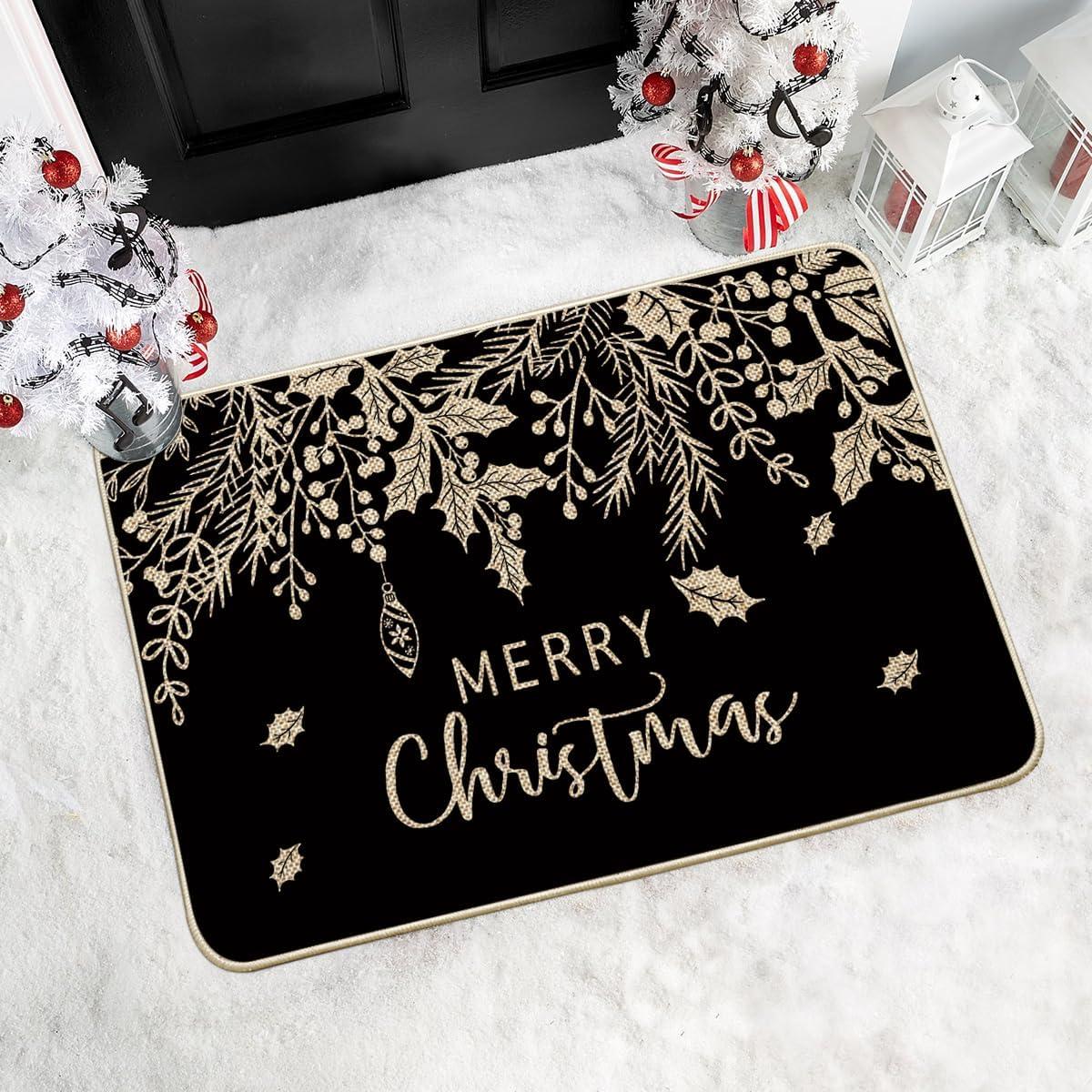 imageArtoid Mode Black Holly Mistletoe Merry Christmas Doormat Xmas Winter Home Decor LowProfile Switch Rug Door Mat Floor Mat for Indoor Outdoor 17x29 InchBlack