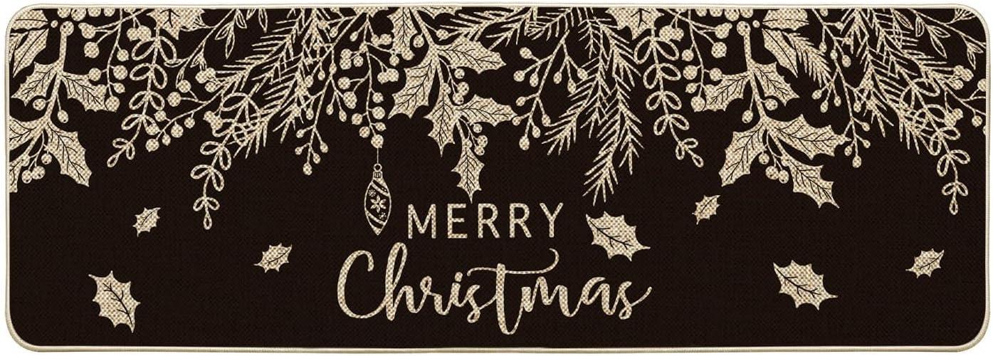 imageArtoid Mode Black Holly Mistletoe Merry Christmas Doormat Xmas Winter Home Decor LowProfile Switch Rug Door Mat Floor Mat for Indoor Outdoor 17x29 InchBlack