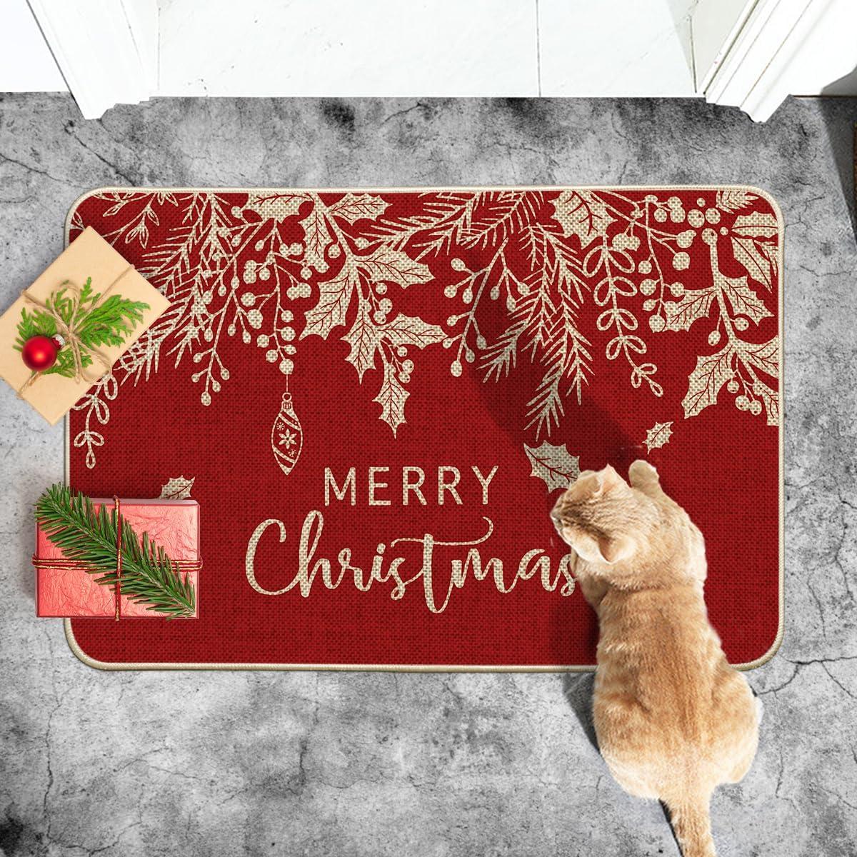 imageArtoid Mode Black Holly Mistletoe Merry Christmas Doormat Xmas Winter Home Decor LowProfile Switch Rug Door Mat Floor Mat for Indoor Outdoor 17x29 InchRed