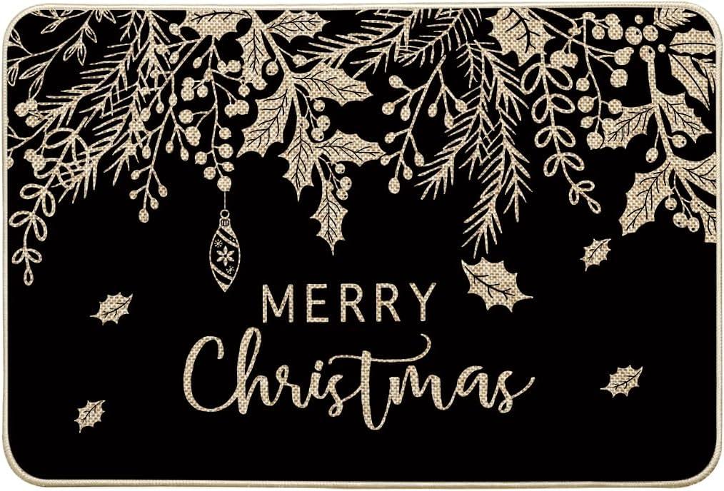 imageArtoid Mode Black Holly Mistletoe Merry Christmas Doormat Xmas Winter Home Decor LowProfile Switch Rug Door Mat Floor Mat for Indoor Outdoor 17x29 InchBlack