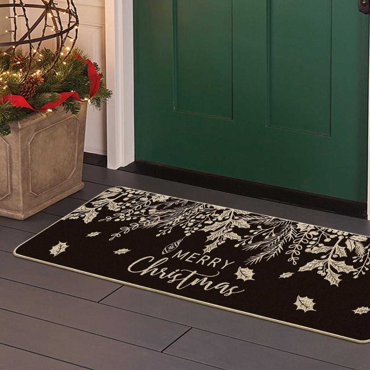 imageArtoid Mode Black Holly Mistletoe Merry Christmas Doormat Xmas Winter Home Decor LowProfile Switch Rug Door Mat Floor Mat for Indoor Outdoor 17x29 InchBlack
