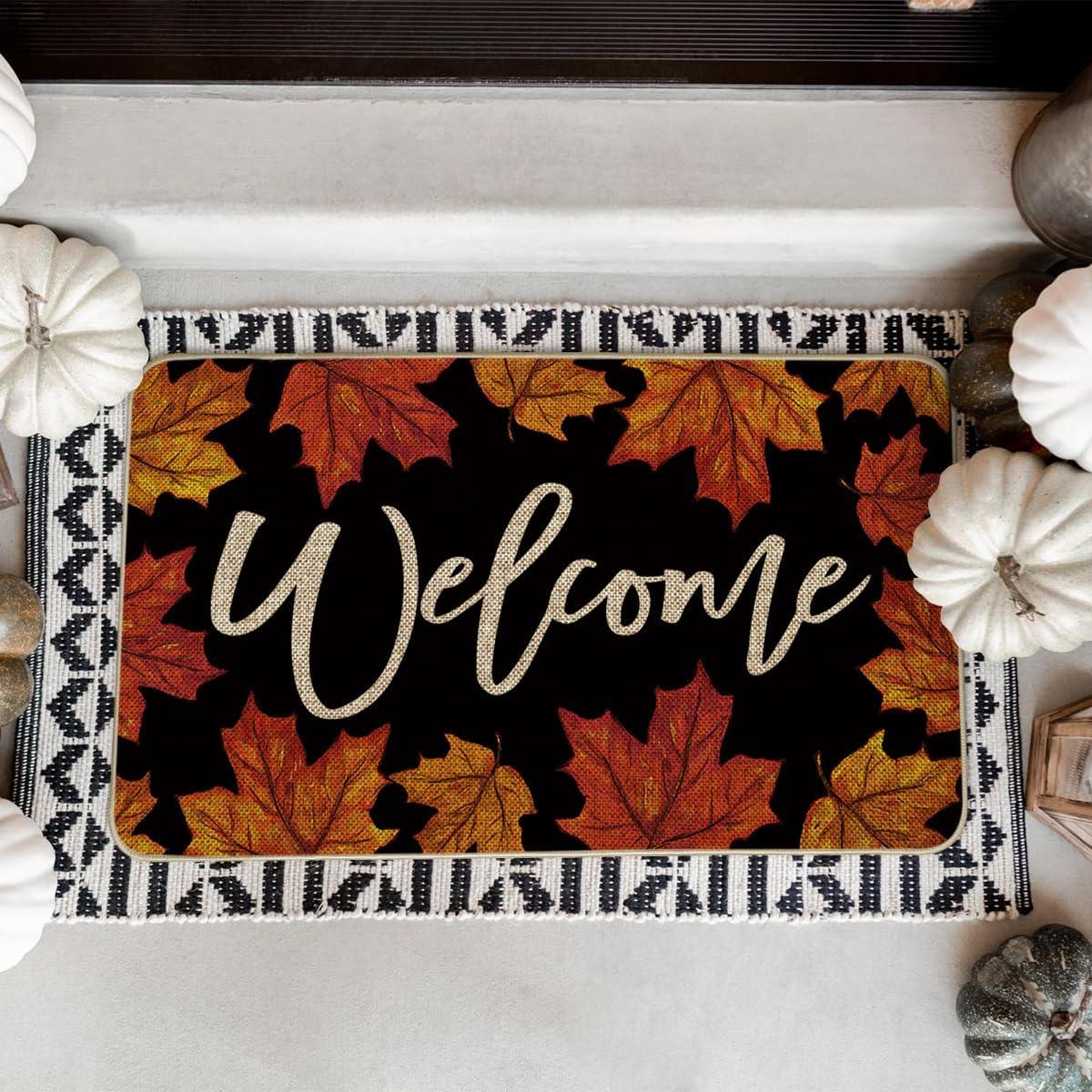 imageArtoid Mode Black Maple Leaves Welcome Fall Doormat Autumn Home Decor LowProfile Switch Rug Door Mat for Indoor Outdoor 17x29 InchBlack