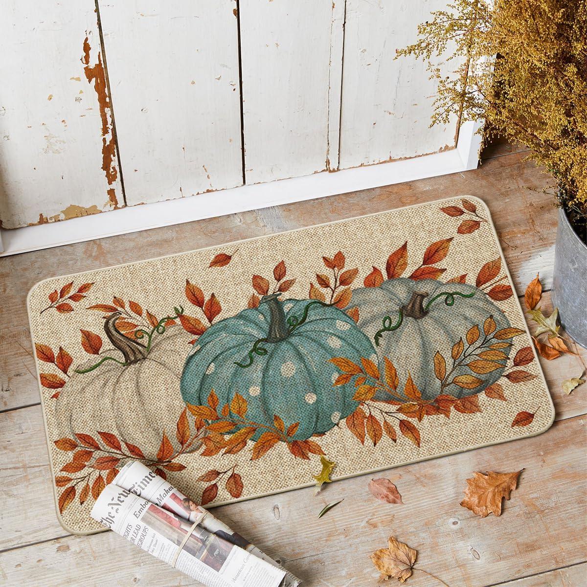 imageArtoid Mode Blue Dot Pumpkin Eucalyptus Fall Doormat Autumn Home Decor LowProfile Switch Rug Door Mat Floor Mat for Indoor Outdoor 17x29 InchBlue