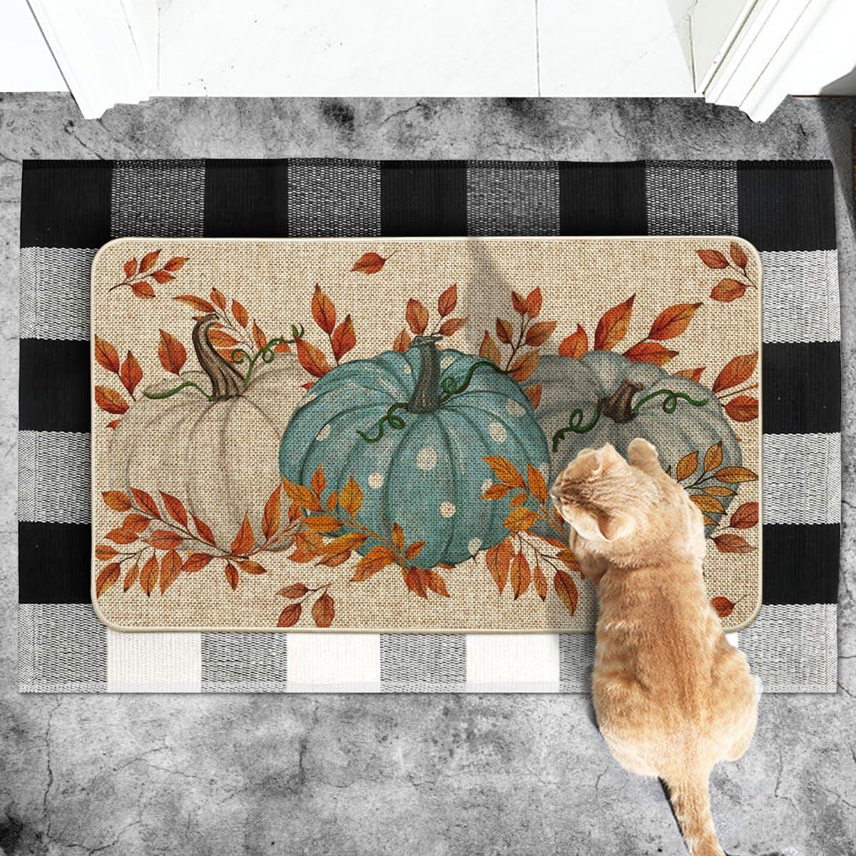 imageArtoid Mode Blue Dot Pumpkin Eucalyptus Fall Doormat Autumn Home Decor LowProfile Switch Rug Door Mat Floor Mat for Indoor Outdoor 17x29 InchBlue