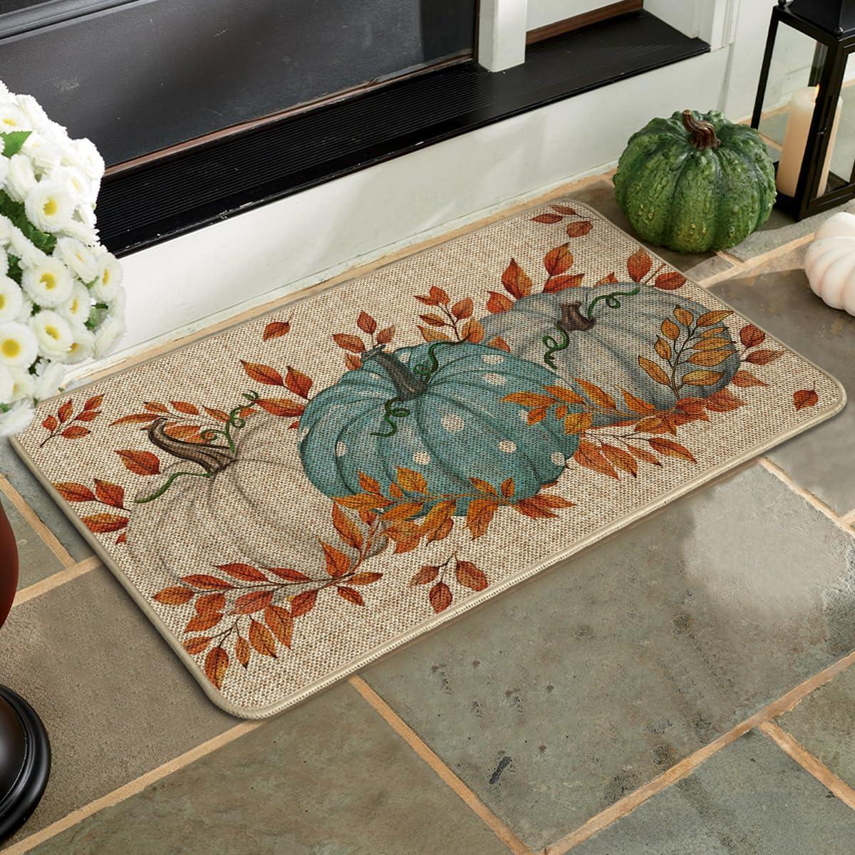 imageArtoid Mode Blue Dot Pumpkin Eucalyptus Fall Doormat Autumn Home Decor LowProfile Switch Rug Door Mat Floor Mat for Indoor Outdoor 17x29 InchBlue