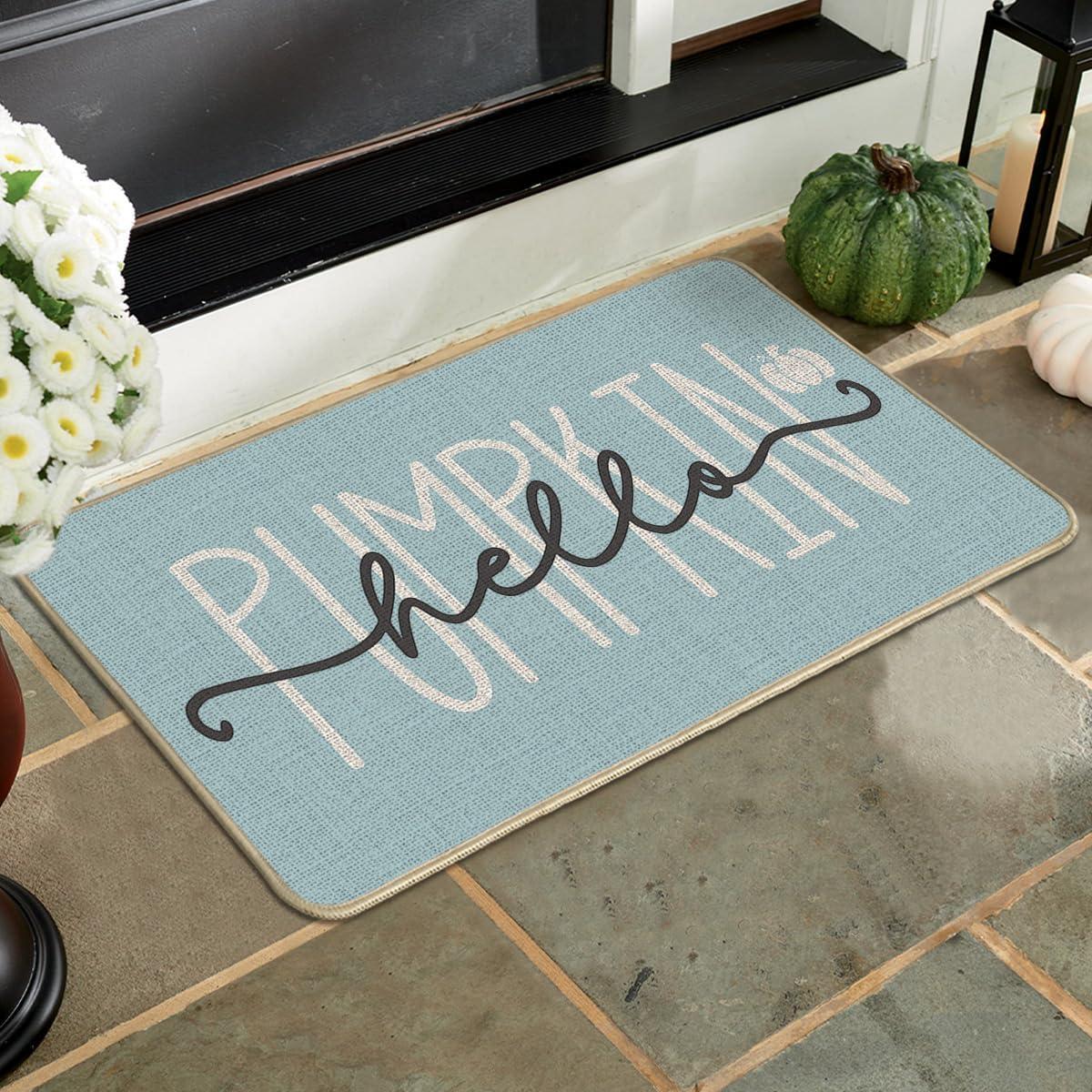 imageArtoid Mode Blue Hello Pumpkin Fall Doormat Home Decor LowProfile Switch Rug Door Mat Floor Mat for Indoor Outdoor 17x29 InchBlue