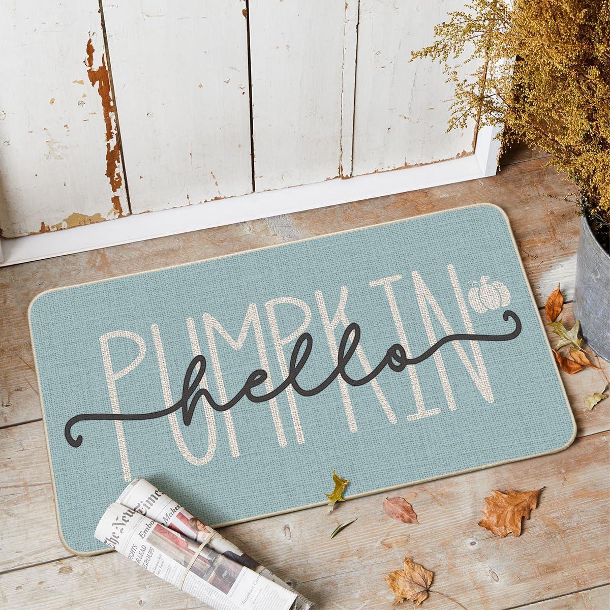 imageArtoid Mode Blue Hello Pumpkin Fall Doormat Home Decor LowProfile Switch Rug Door Mat Floor Mat for Indoor Outdoor 17x29 InchBlue