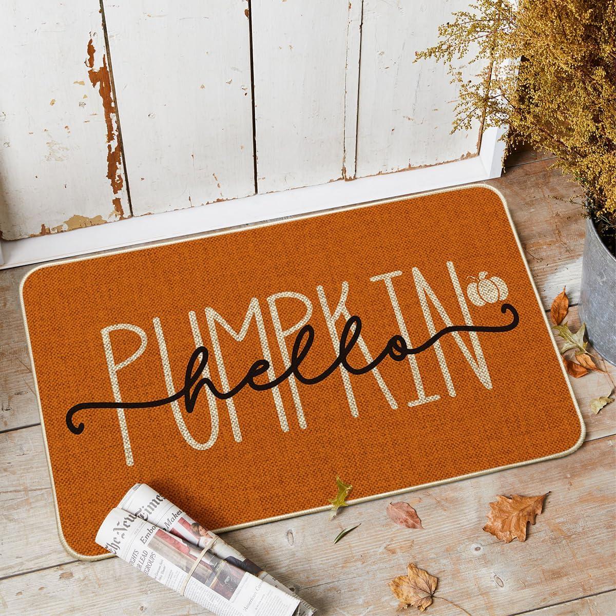 imageArtoid Mode Blue Hello Pumpkin Fall Doormat Home Decor LowProfile Switch Rug Door Mat Floor Mat for Indoor Outdoor 17x29 InchOrange