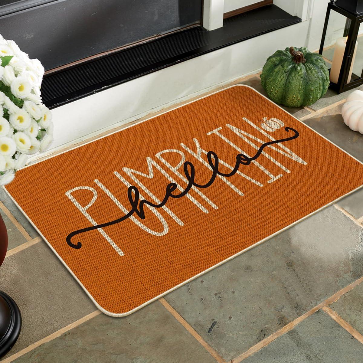 imageArtoid Mode Blue Hello Pumpkin Fall Doormat Home Decor LowProfile Switch Rug Door Mat Floor Mat for Indoor Outdoor 17x29 InchOrange