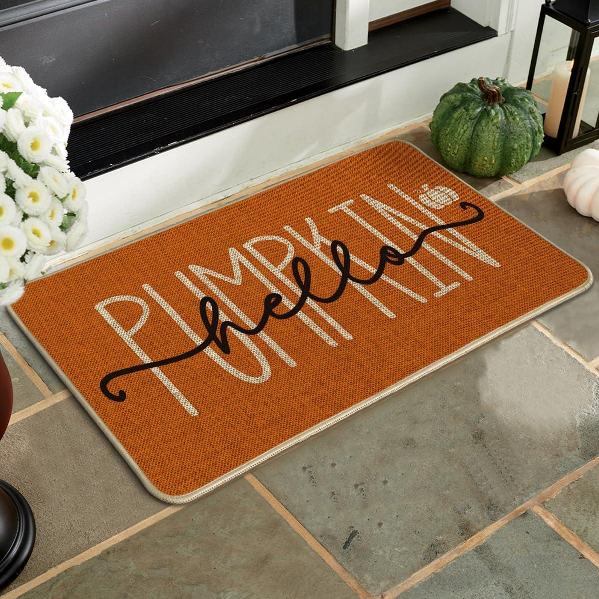 imageArtoid Mode Blue Hello Pumpkin Fall Doormat Home Decor LowProfile Switch Rug Door Mat Floor Mat for Indoor Outdoor 17x29 InchOrange