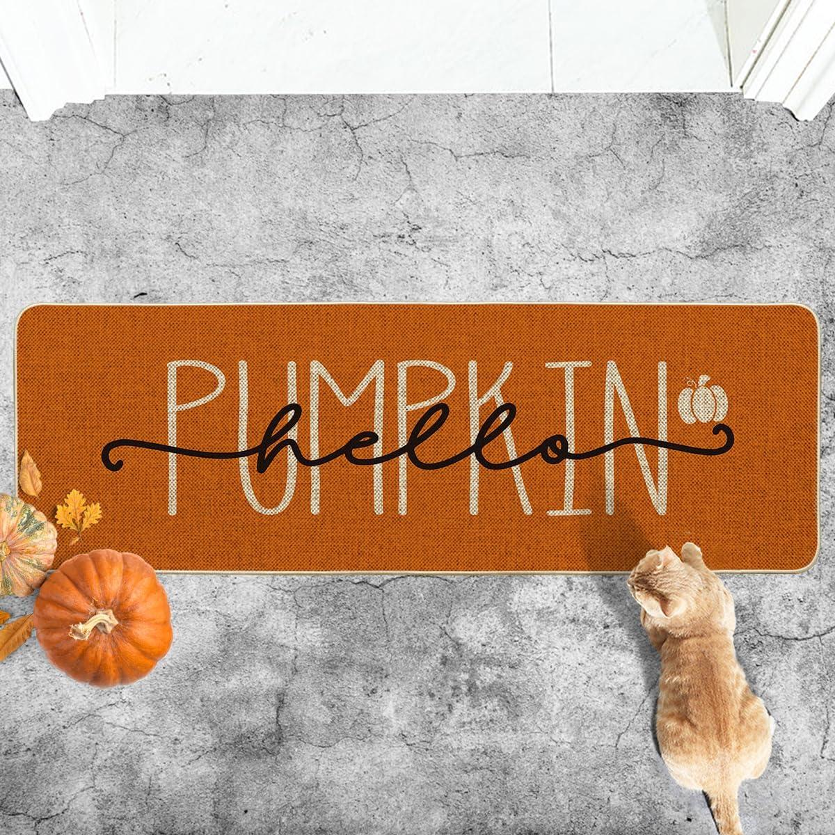 imageArtoid Mode Blue Hello Pumpkin Fall Doormat Home Decor LowProfile Switch Rug Door Mat Floor Mat for Indoor Outdoor 17x29 InchOrange