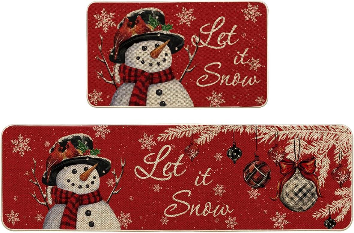 imageArtoid Mode Blue Let It Snow Snowflake Snowman Winter Kitchen Mats Set of 2 Christmas Decor LowProfile Kitchen Rugs for Floor 17x29 and 17x47 InchRed
