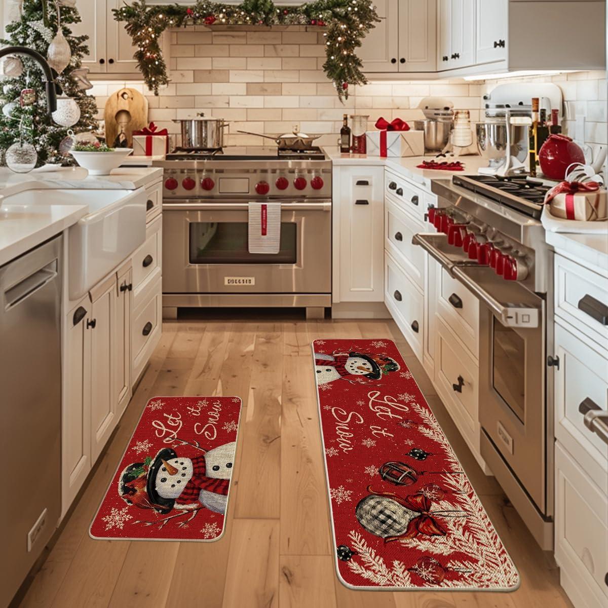 imageArtoid Mode Blue Let It Snow Snowflake Snowman Winter Kitchen Mats Set of 2 Christmas Decor LowProfile Kitchen Rugs for Floor 17x29 and 17x47 InchRed