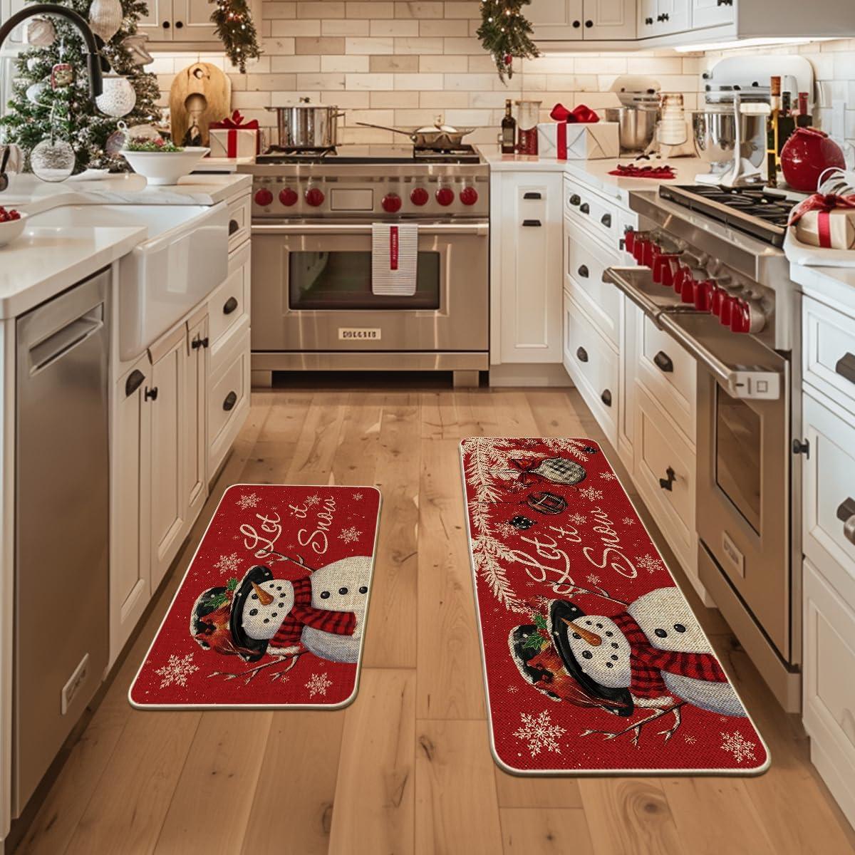imageArtoid Mode Blue Let It Snow Snowflake Snowman Winter Kitchen Mats Set of 2 Christmas Decor LowProfile Kitchen Rugs for Floor 17x29 and 17x47 InchRed