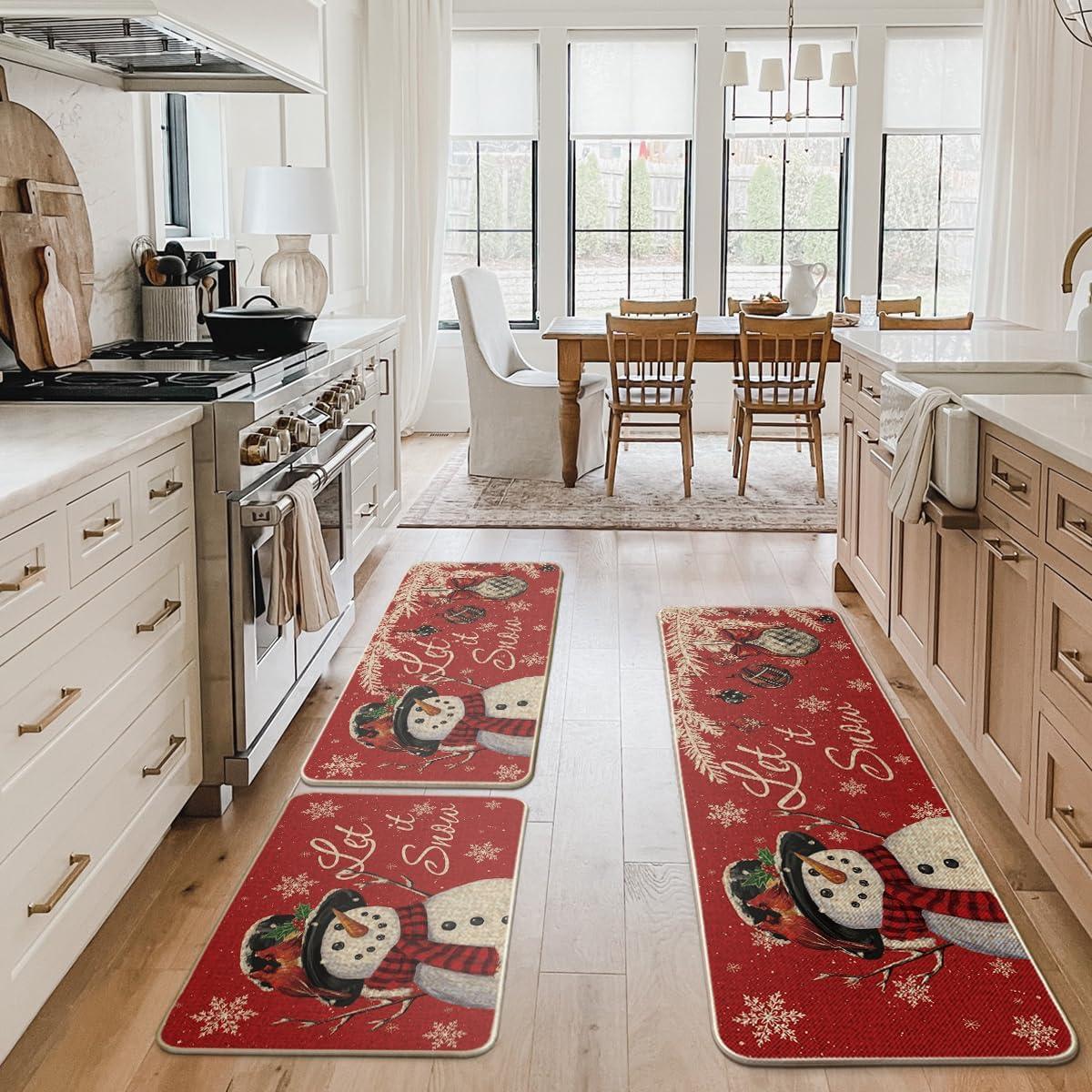 imageArtoid Mode Blue Let It Snow Snowflake Snowman Winter Kitchen Mats Set of 2 Christmas Decor LowProfile Kitchen Rugs for Floor 17x29 and 17x47 InchRed