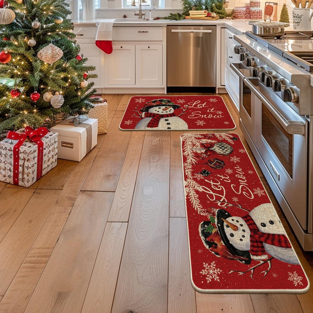 imageArtoid Mode Blue Let It Snow Snowflake Snowman Winter Kitchen Mats Set of 2 Christmas Decor LowProfile Kitchen Rugs for Floor 17x29 and 17x47 InchRed