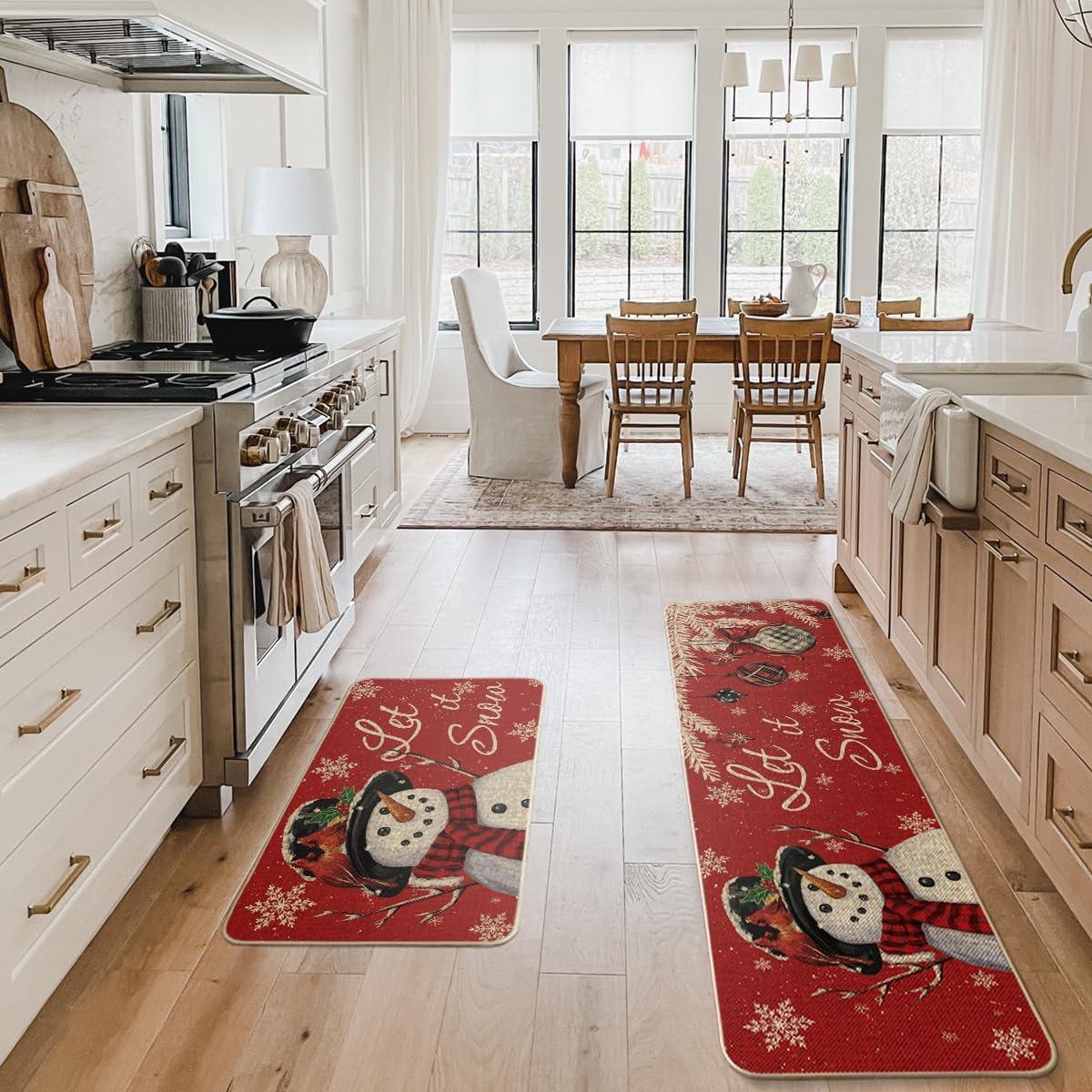 imageArtoid Mode Blue Let It Snow Snowflake Snowman Winter Kitchen Mats Set of 2 Christmas Decor LowProfile Kitchen Rugs for Floor 17x29 and 17x47 InchRed