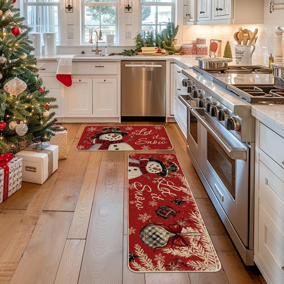 imageArtoid Mode Blue Let It Snow Snowflake Snowman Winter Kitchen Mats Set of 2 Christmas Decor LowProfile Kitchen Rugs for Floor 17x29 and 17x47 InchRed