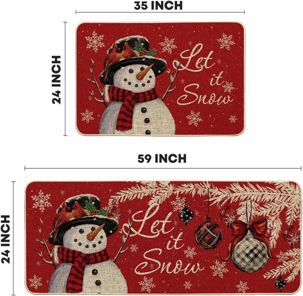 imageArtoid Mode Blue Let It Snow Snowflake Snowman Winter Kitchen Mats Set of 2 Christmas Decor LowProfile Kitchen Rugs for Floor 17x29 and 17x47 InchRed