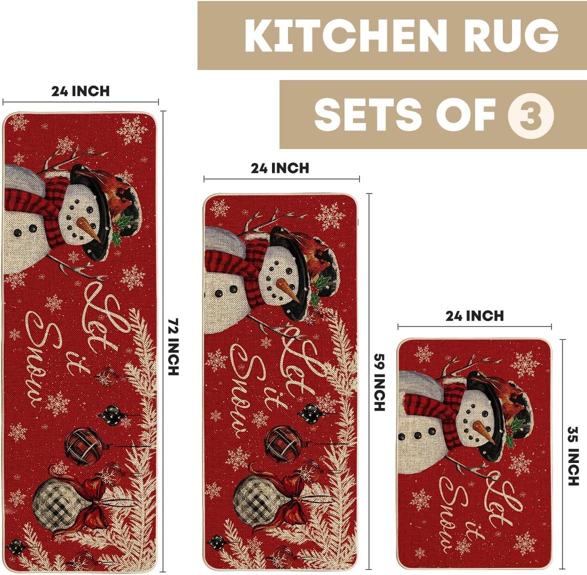 imageArtoid Mode Blue Let It Snow Snowflake Snowman Winter Kitchen Mats Set of 2 Christmas Decor LowProfile Kitchen Rugs for Floor 17x29 and 17x47 InchRed