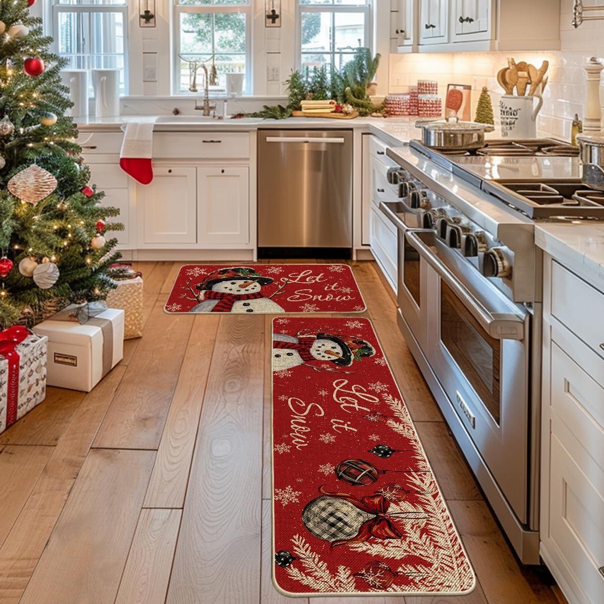 imageArtoid Mode Blue Let It Snow Snowflake Snowman Winter Kitchen Mats Set of 2 Christmas Decor LowProfile Kitchen Rugs for Floor 17x29 and 17x47 InchRed