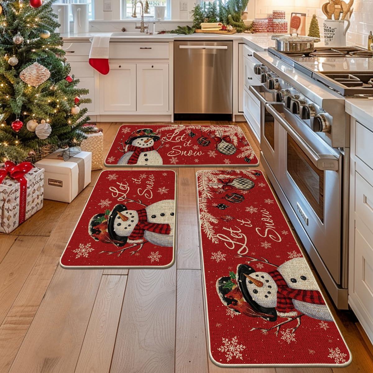 imageArtoid Mode Blue Let It Snow Snowflake Snowman Winter Kitchen Mats Set of 2 Christmas Decor LowProfile Kitchen Rugs for Floor 17x29 and 17x47 InchRed