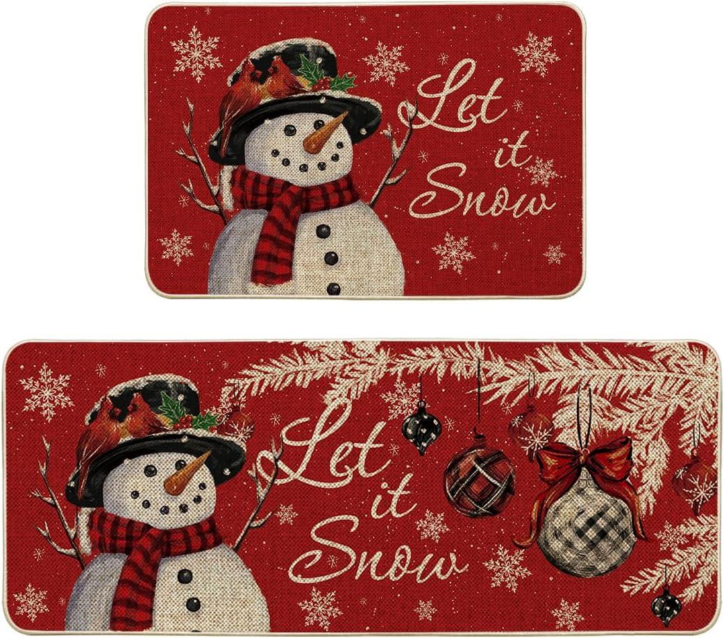 imageArtoid Mode Blue Let It Snow Snowflake Snowman Winter Kitchen Mats Set of 2 Christmas Decor LowProfile Kitchen Rugs for Floor 17x29 and 17x47 InchRed