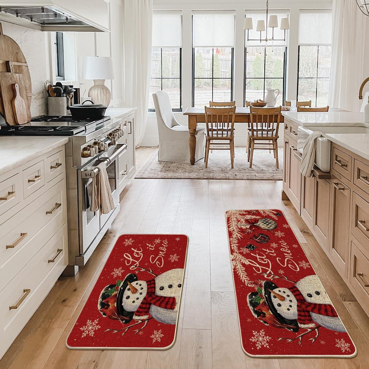 imageArtoid Mode Blue Let It Snow Snowflake Snowman Winter Kitchen Mats Set of 2 Christmas Decor LowProfile Kitchen Rugs for Floor 17x29 and 17x47 InchRed