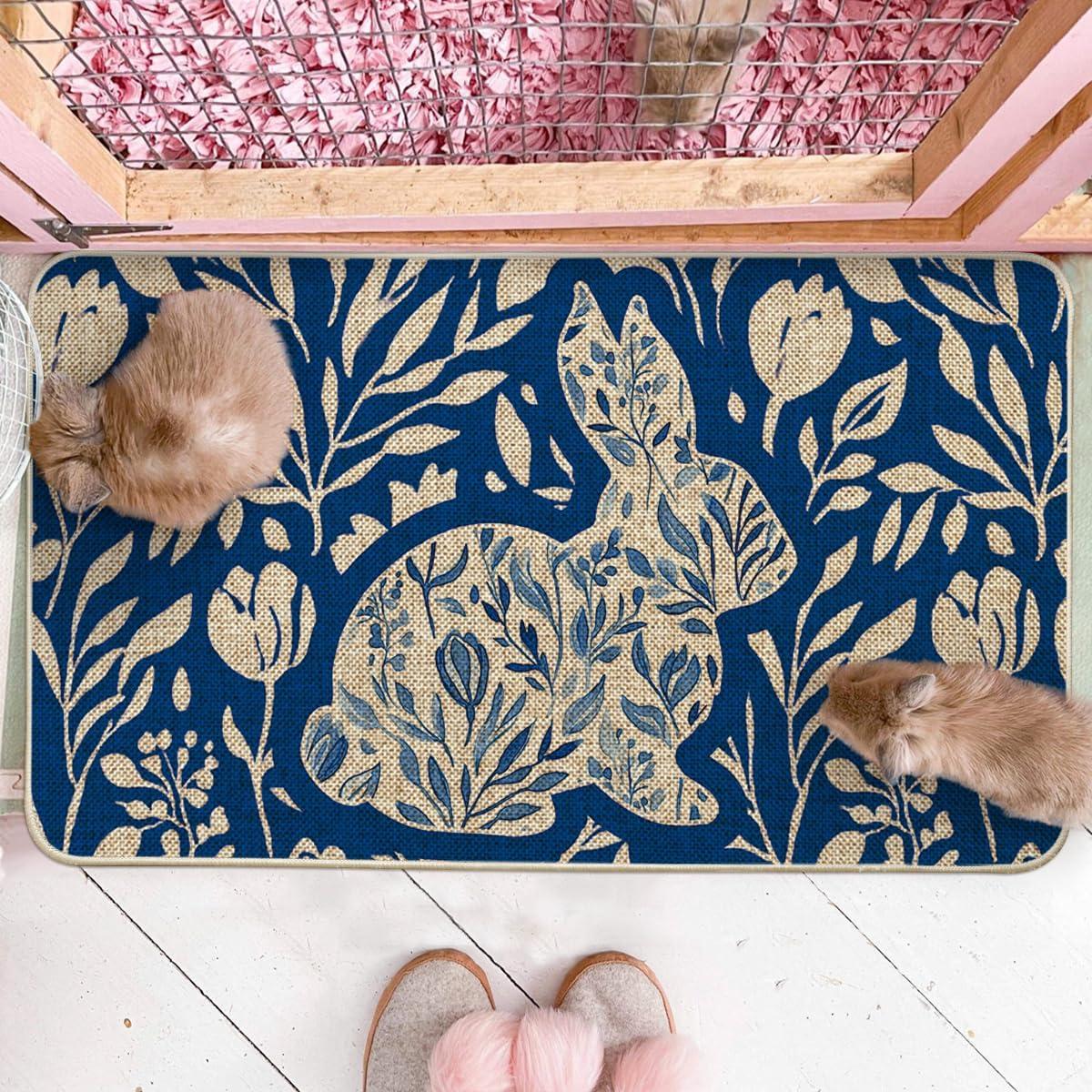 imageArtoid Mode Blue Rabbit Bunny Flowers Easter Doormat Home Decor LowProfile Switch Rug Door Mat Floor Mat for Indoor Outdoor 17x29 Inch