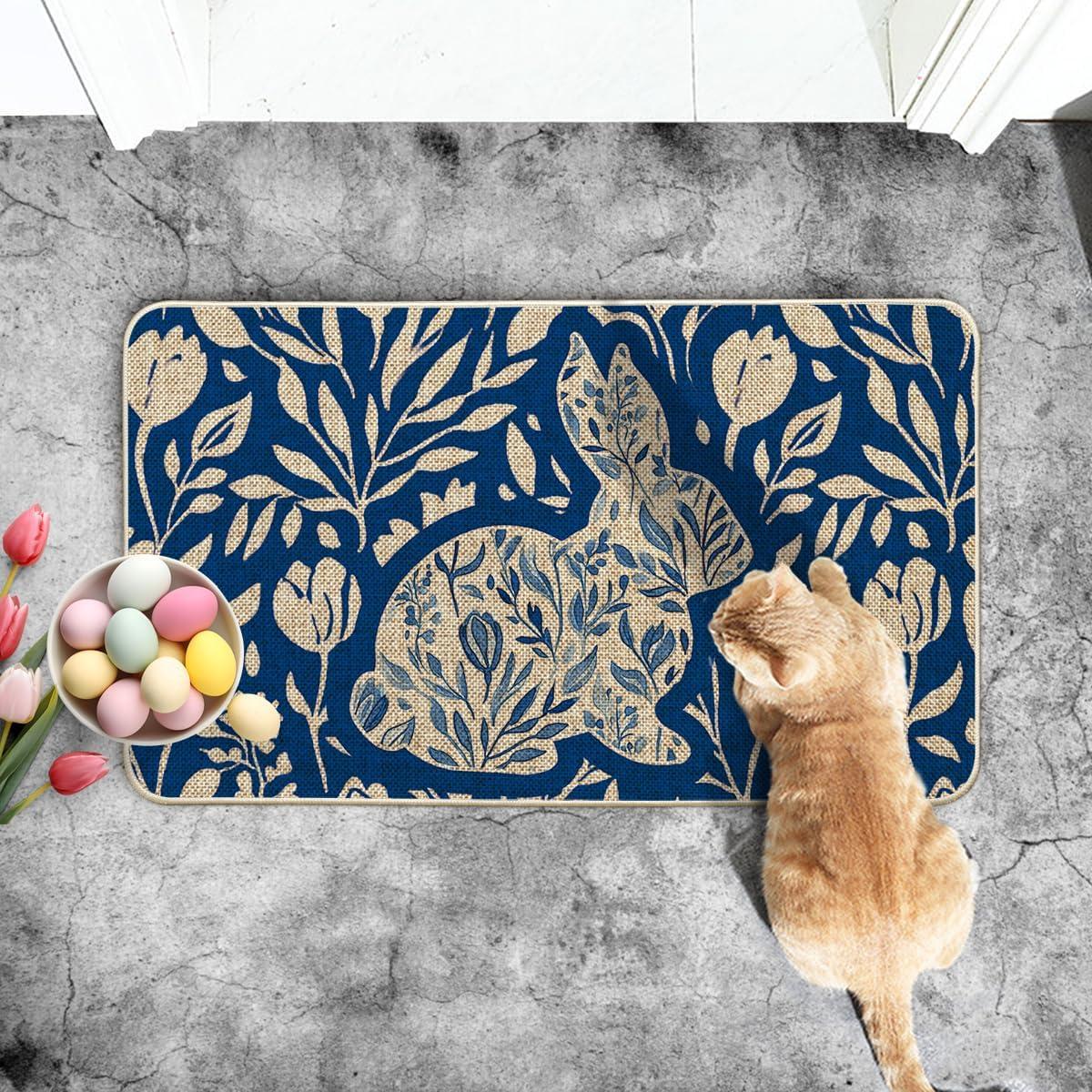 imageArtoid Mode Blue Rabbit Bunny Flowers Easter Doormat Home Decor LowProfile Switch Rug Door Mat Floor Mat for Indoor Outdoor 17x29 Inch