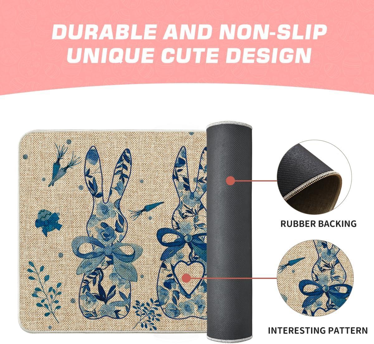 imageArtoid Mode Blue Rabbit Carrots Eggs Happy Easter Doormat Spring Home Decor LowProfile Switch Rug Door Mat Floor Mat for Indoor Outdoor 17x29 Inch