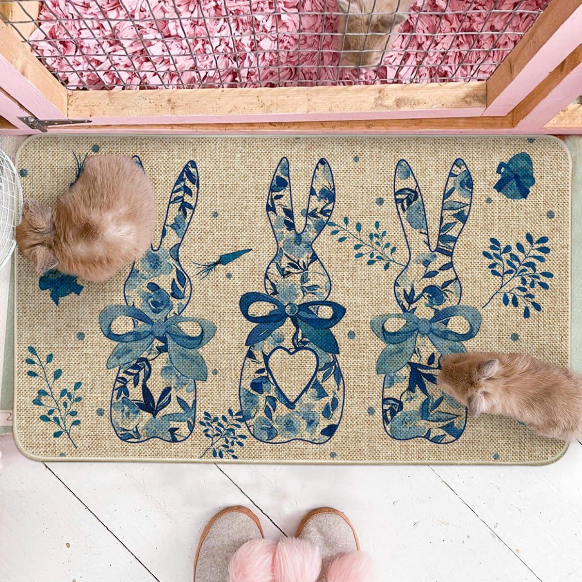 imageArtoid Mode Blue Rabbit Carrots Eggs Happy Easter Doormat Spring Home Decor LowProfile Switch Rug Door Mat Floor Mat for Indoor Outdoor 17x29 Inch