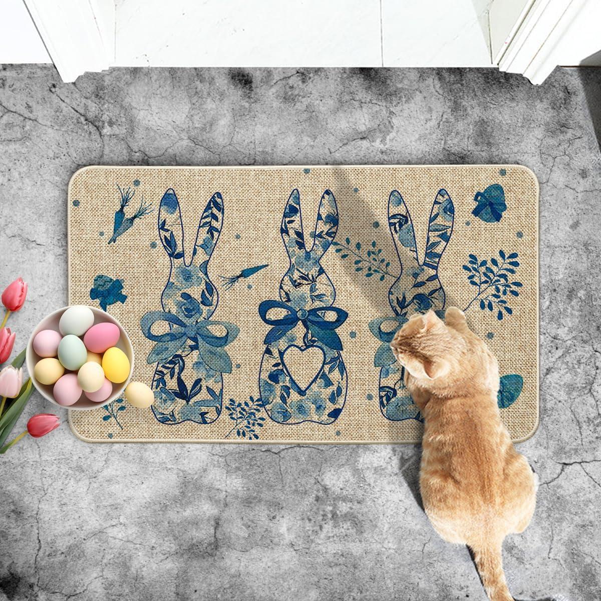 imageArtoid Mode Blue Rabbit Carrots Eggs Happy Easter Doormat Spring Home Decor LowProfile Switch Rug Door Mat Floor Mat for Indoor Outdoor 17x29 Inch
