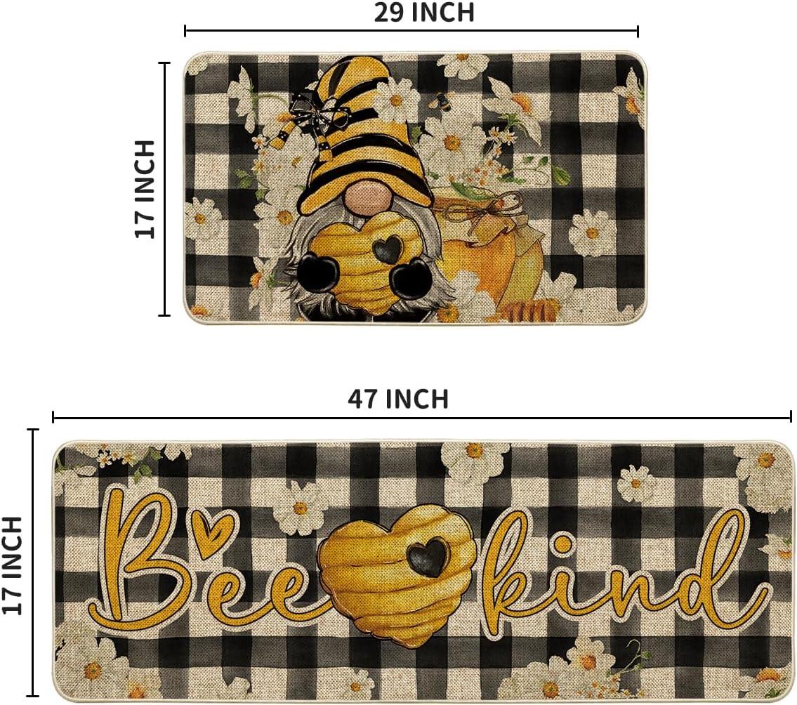 imageArtoid Mode Buffalo Plaid Gnome Bee Kind Honey Summer Kitchen Mats Set of 2 Daisy Spring Home Decor LowProfile Kitchen Rugs for Floor 17x29 and 17x47 Inch