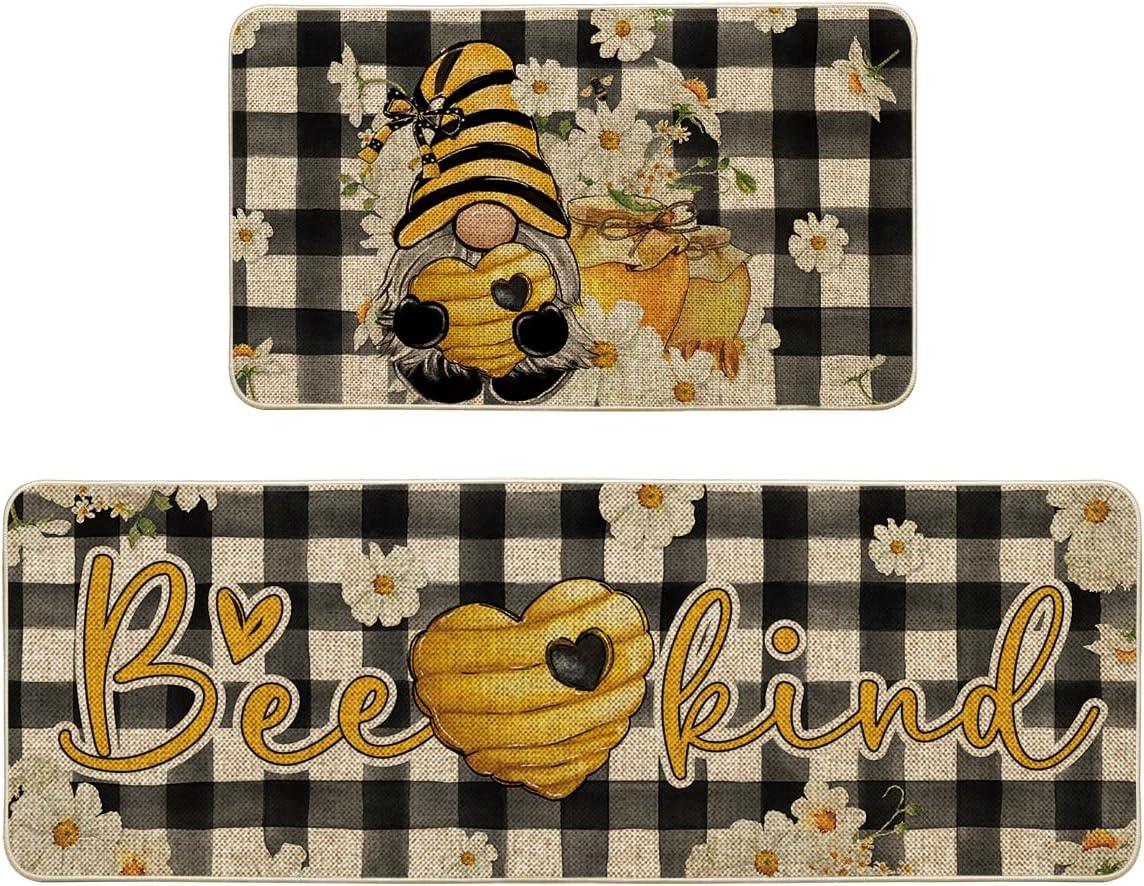 imageArtoid Mode Buffalo Plaid Gnome Bee Kind Honey Summer Kitchen Mats Set of 2 Daisy Spring Home Decor LowProfile Kitchen Rugs for Floor 17x29 and 17x47 Inch