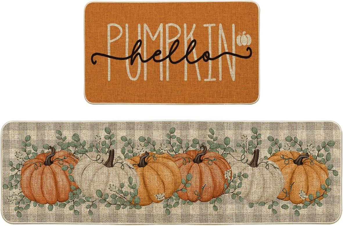 imageArtoid Mode Buffalo Plaid Hello Pumpkin Eucalyptus Fall Kitchen Mats Set of 2 Home Decor LowProfile Kitchen Rugs for Floor 17x29 and 17x47 InchOrange